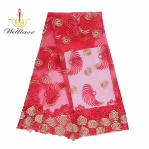 Red Gold-Color Polyester Embroidered Mesh Fabric DM1216