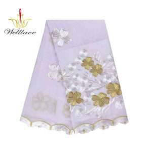 White Mesh Fabric with Gold-Color Polyester Embroidery DM1223