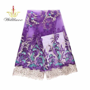 Purple Embroidered Mesh Fabric with Intermittent Metallic Fleck Yarn DM1238