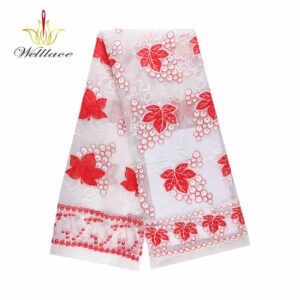Red Floral Polyester Embroidered Mesh Fabric with Border DM1242