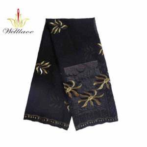 Black Mesh Fabric with Gold-Color Polyester Embroidery DM1252