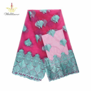 Magenta Floral Polyester Embroidered Mesh Fabric with Aqua Border DM1256