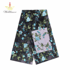 Black and Blue Floral Polyester Embroidered Mesh Fabric DM1266