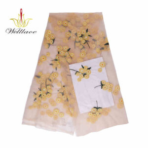 Gold-Accent Floral Polyester Embroidered Mesh Fabric DM1291