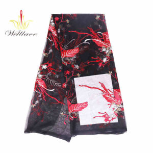 Black Red Floral Polyester Embroidered Mesh Fabric DM1294