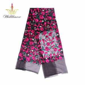 Fuchsia Rose Polyester Embroidered Mesh Fabric DM1298
