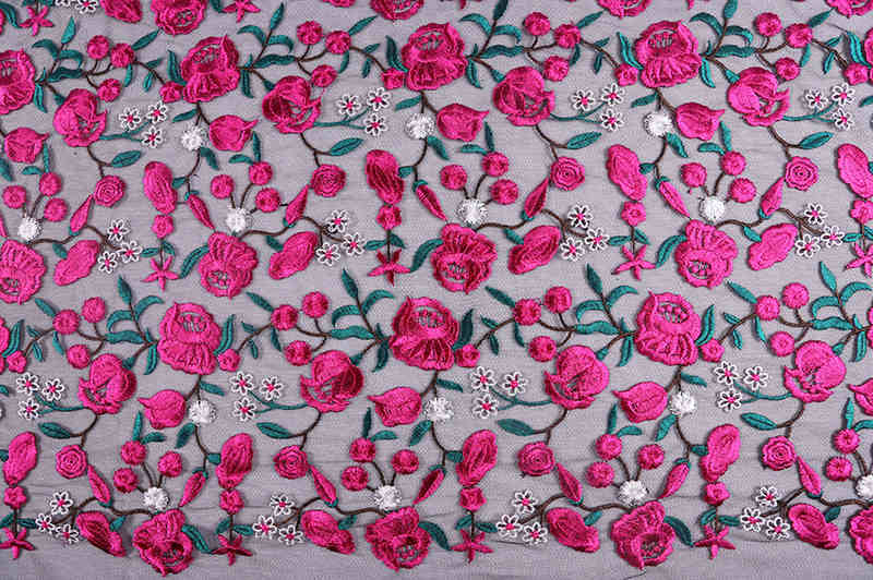 Fuchsia Rose Polyester Embroidered Mesh Fabric DM1298 - Image 2