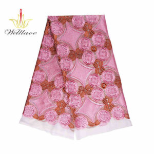 Pink Floral Polyester Embroidered Mesh Fabric with Raised Effect DM1306
