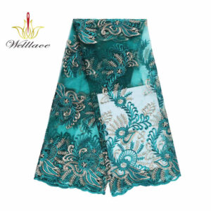 Teal Embroidered Mesh Fabric with Intermittent Metallic Fleck Yarn DM1315