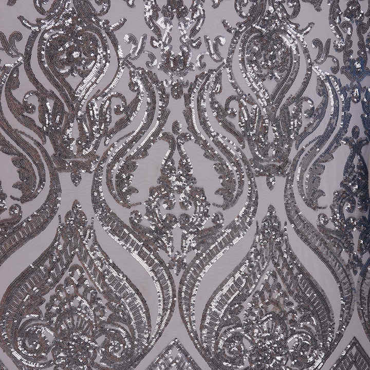 Silver Baroque Sequin Embroidered Mesh Fabric DMN1004S