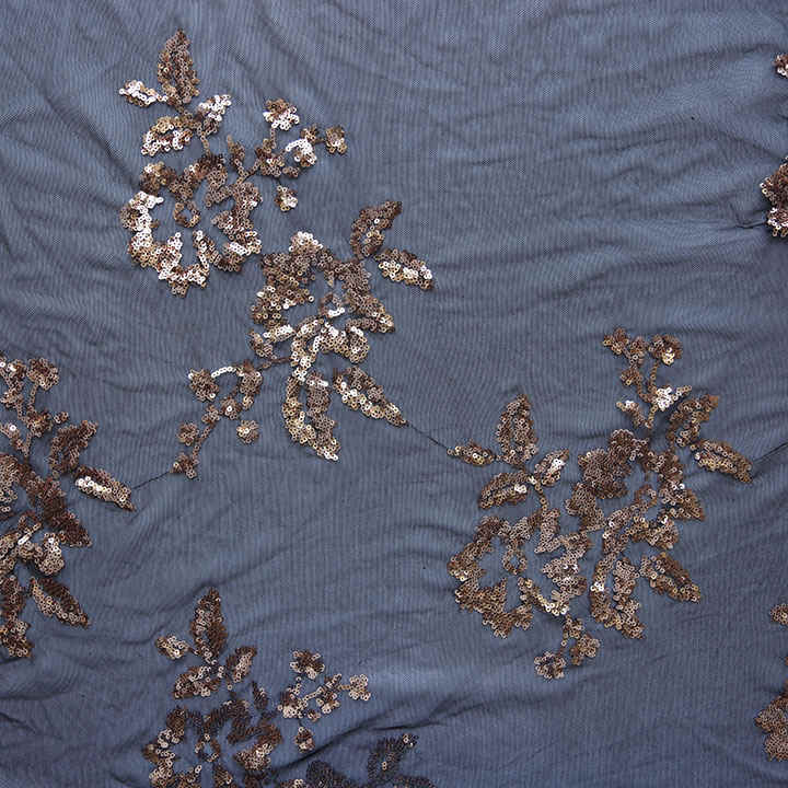 Champagne Floral Sequin Embroidered Mesh Fabric DMN1015S - Image 2