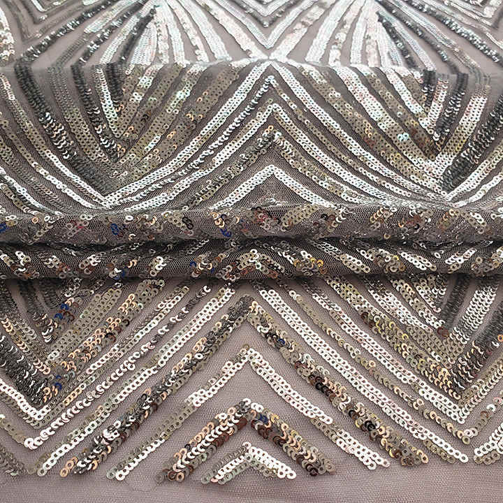 Chevron Sequin Embroidered Mesh Fabric DMN1038S