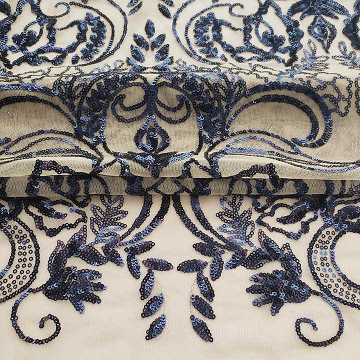 Navy Baroque Sequin Embroidered Mesh Fabric DMN1042S