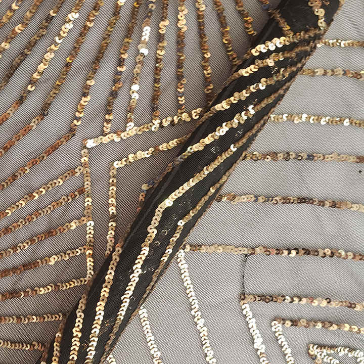 Black Gold Geometric Sequin Embroidered Mesh Fabric DMN1046S