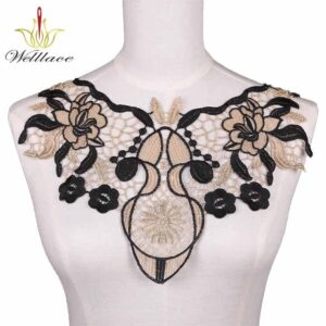 Ornate Gold Accent Embroidered Neckline Applique for Dress Panels ETN10247