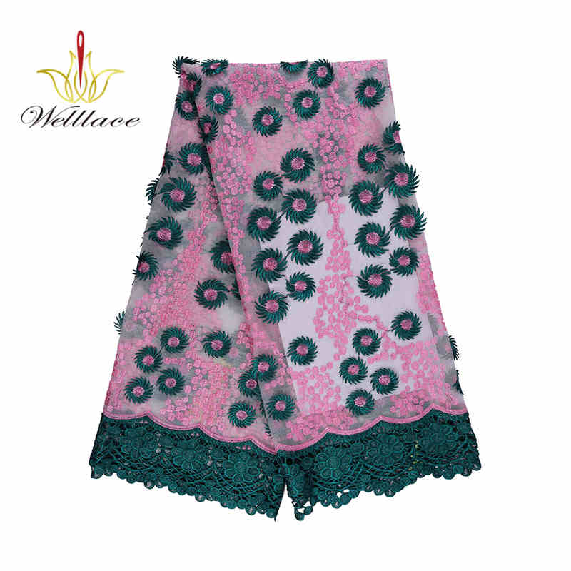 Soft Green 3D Floral Embroidered Mesh Lace Fabric TB1077 - Image 2