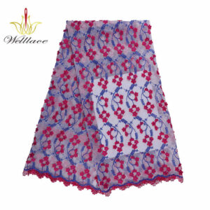 Red and Blue Floral Mesh Embroidered Lace Fabric with Raised Detail TB1082