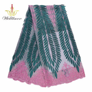Green Leaf 3D Embroidered Mesh Fabric for African Dress Panels TB1109