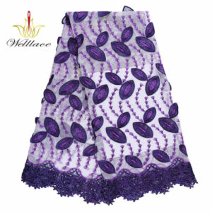 Purple Leaf Floral Embroidered Tulle Lace Fabric with Raised Edges TB1122