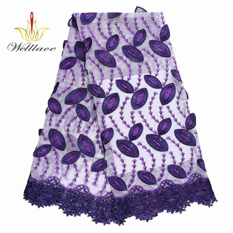 Purple Leaf Floral Embroidered Tulle Lace Fabric with Raised Edges TB1122
