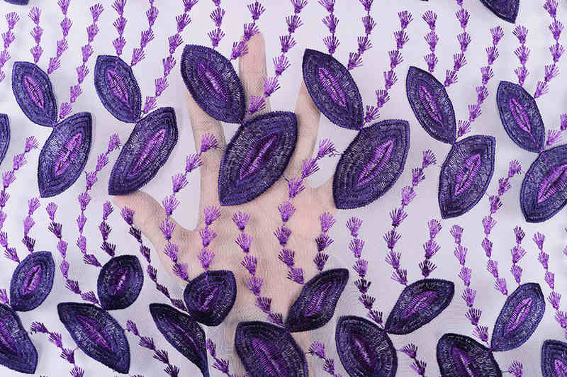 Purple Leaf Floral Embroidered Tulle Lace Fabric with Raised Edges TB1122 - Image 6