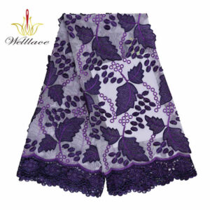 Dark Purple Floral Mesh Lace Fabric with Dimensional Embroidery TB1127