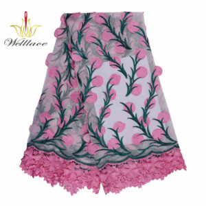 Pink and Green Floral Embroidered Mesh Lace Fabric for Dresswear TB1134