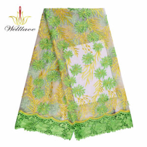 Light Yellow Floral Mesh Lace Fabric with Green Border Detail TB1144