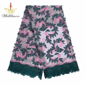 Green Vine Embroidered Mesh Fabric with Raised Floral Edges TB1159