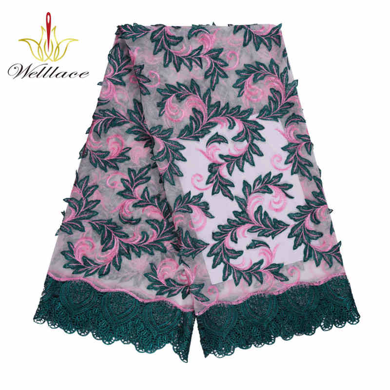 Green Vine Embroidered Mesh Fabric with Raised Floral Edges TB1159
