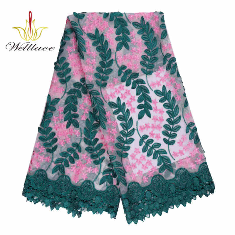 Green Leaf Embroidered Tulle Lace Fabric for African Fashion TB1163