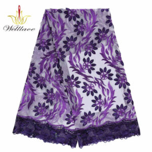 Purple Floral Embroidered Mesh Lace Fabric with Dimensional Edge Detail TB1167