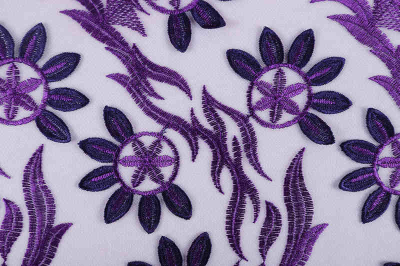 Purple Floral Embroidered Mesh Lace Fabric with Dimensional Edge Detail TB1167 - Image 4
