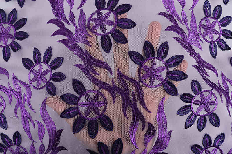 Purple Floral Embroidered Mesh Lace Fabric with Dimensional Edge Detail TB1167 - Image 5