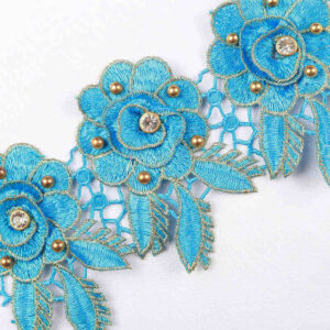 Metallic Water-Soluble Embroidered Lace Trim with Bead and Rhinestone Detail TRG1037B