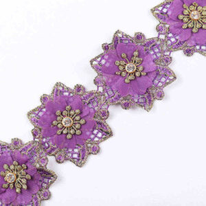 Metallic Embroidered 3D Chiffon Flower Lace Trim with Rhinestone Detail TRG1043B
