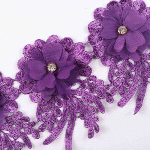 3D Chiffon Flower Water-Soluble Lace Trim with Rhinestone Detail TRG1045B