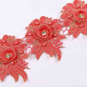 Metallic Water-Soluble Embroidered Lace Trim with Bead and Rhinestone Detail TRG1047B