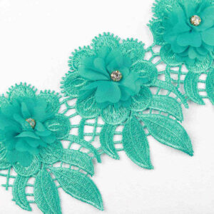 3D Chiffon Flower Water-Soluble Lace Trim with Rhinestone Detail TRG1049B