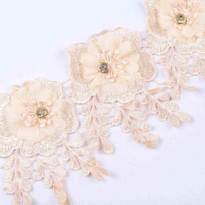 3D Chiffon Flower Water-Soluble Lace Trim with Rhinestone Detail TRG1051B