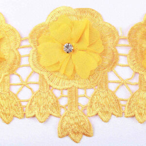 3D Chiffon Flower Water-Soluble Lace Trim with Rhinestone Detail TRG1053B