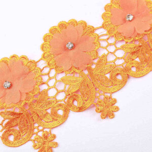 3D Chiffon Flower Water-Soluble Lace Trim with Rhinestone Detail TRG1057B