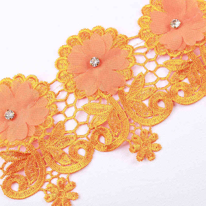 3D Chiffon Flower Water-Soluble Lace Trim with Rhinestone Detail TRG1057B