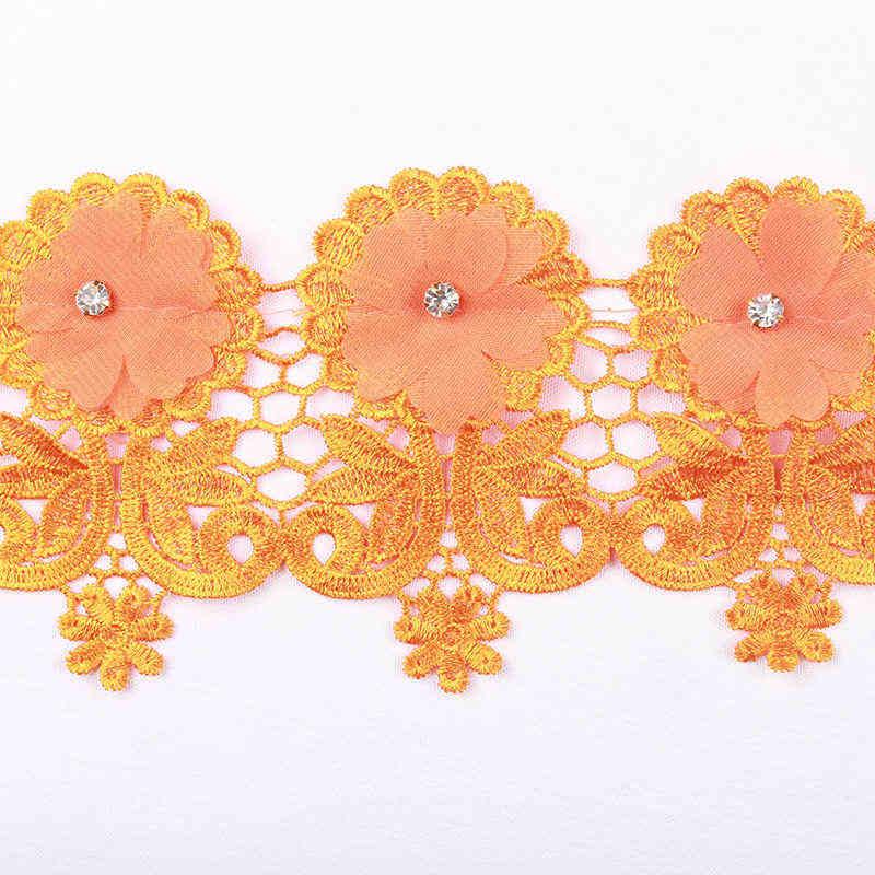 3D Chiffon Flower Water-Soluble Lace Trim with Rhinestone Detail TRG1057B - Image 2