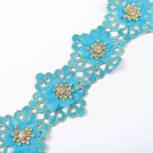 Metallic Embroidered 3D Chiffon Flower Lace Trim with Rhinestone Detail TRG1059B