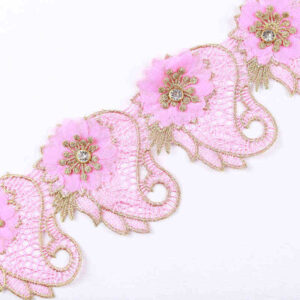 Metallic Embroidered 3D Chiffon Flower Lace Trim with Rhinestone Detail TRG1061B